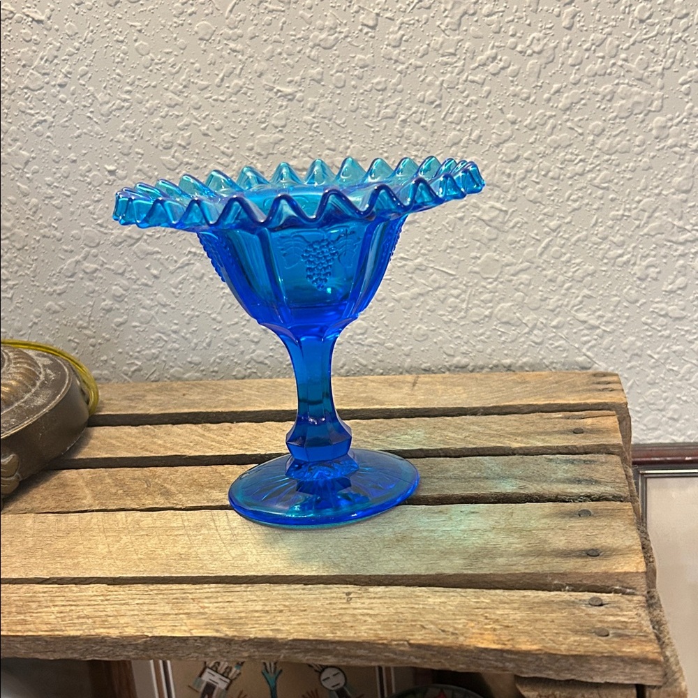 Blue Glass Decorative Pedestal Bowl Cottage Core,